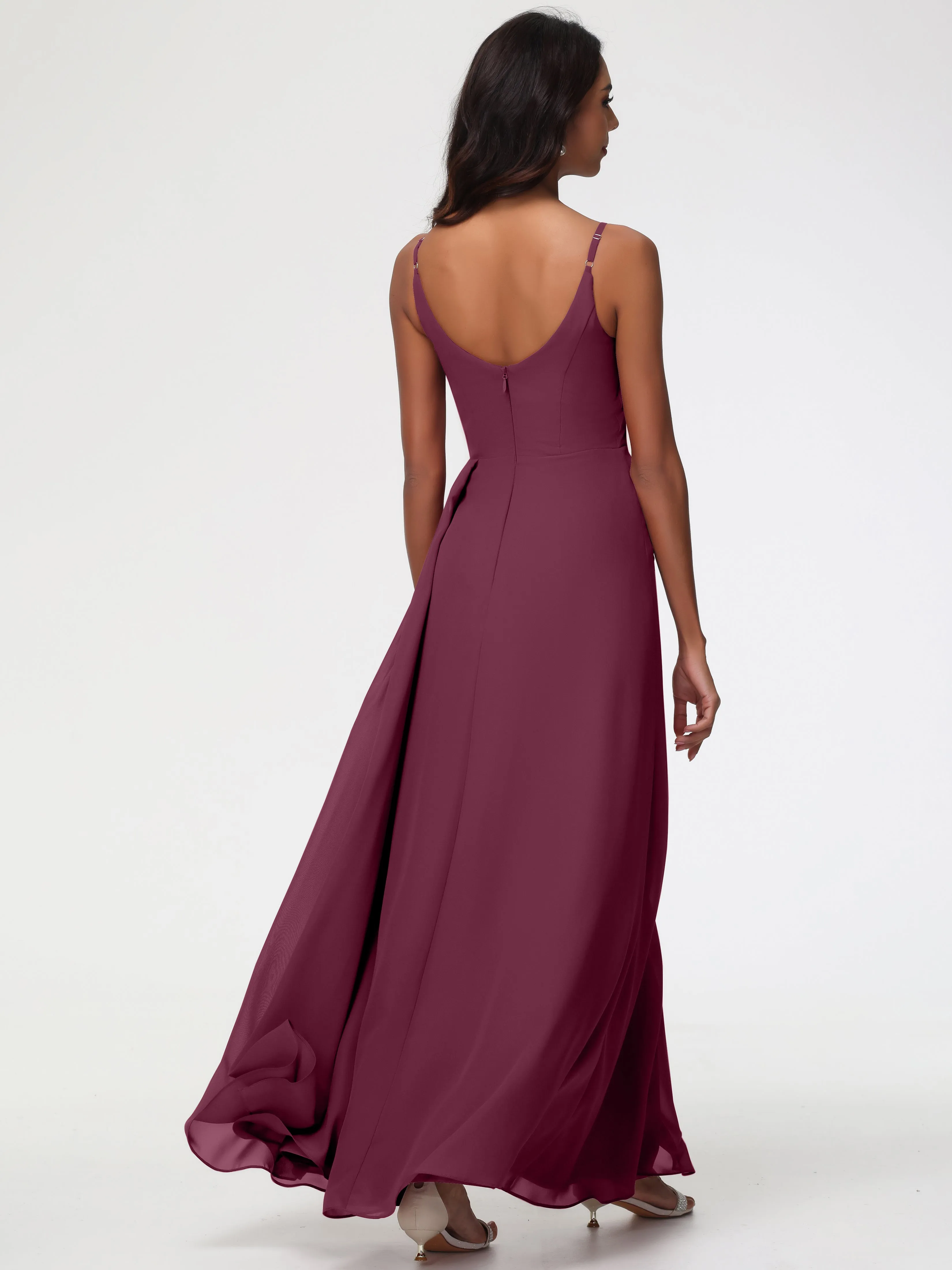 Wedding Mulberry Bridesmaid Dresses A-Line V-Neck Spaghetti Straps Ruched Chiffon Bridesmaid Dresses With Slit