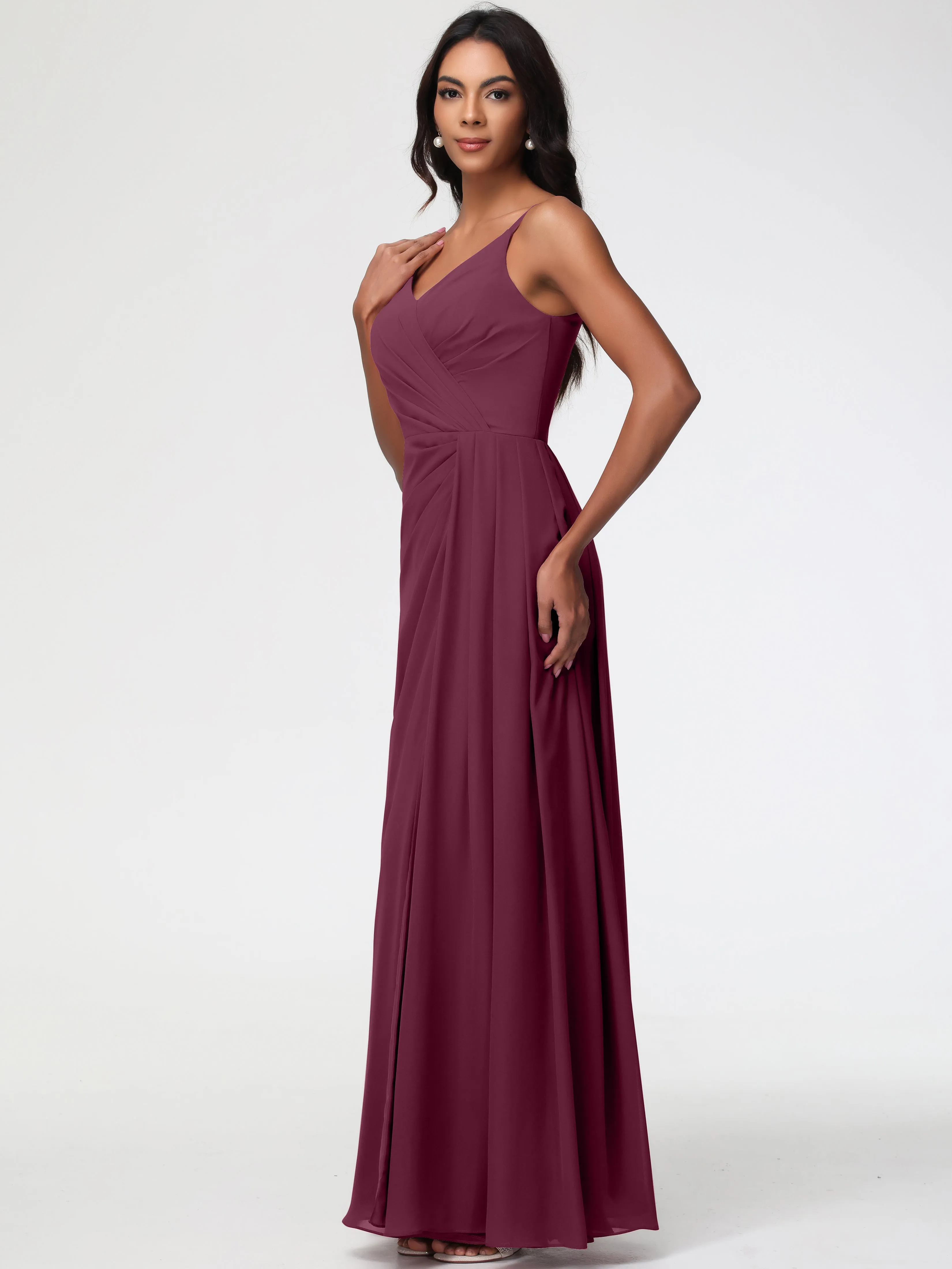 Wedding Mulberry Bridesmaid Dresses A-Line V-Neck Spaghetti Straps Ruched Chiffon Bridesmaid Dresses With Slit
