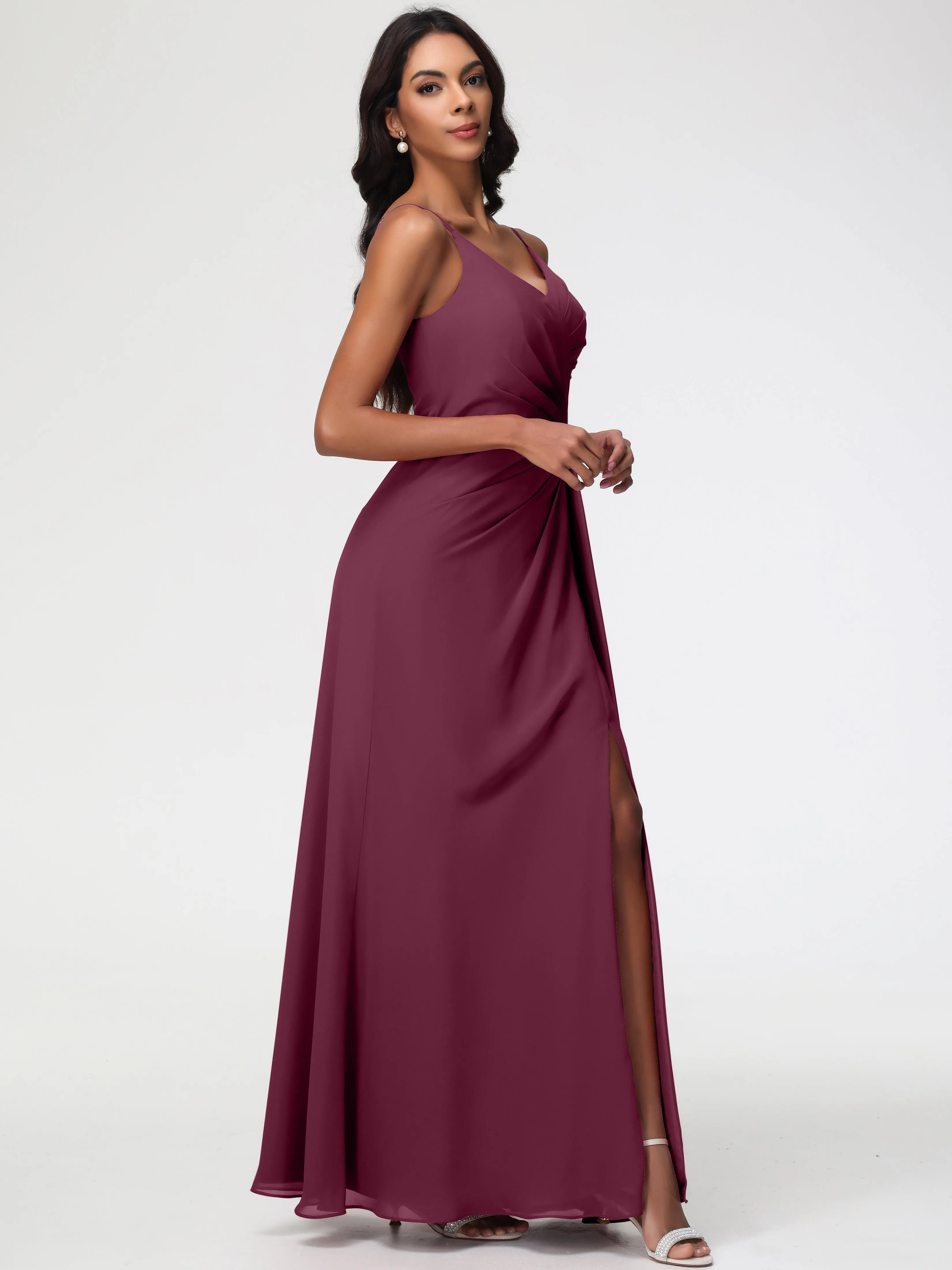Wedding Mulberry Bridesmaid Dresses A-Line V-Neck Spaghetti Straps Ruched Chiffon Bridesmaid Dresses With Slit