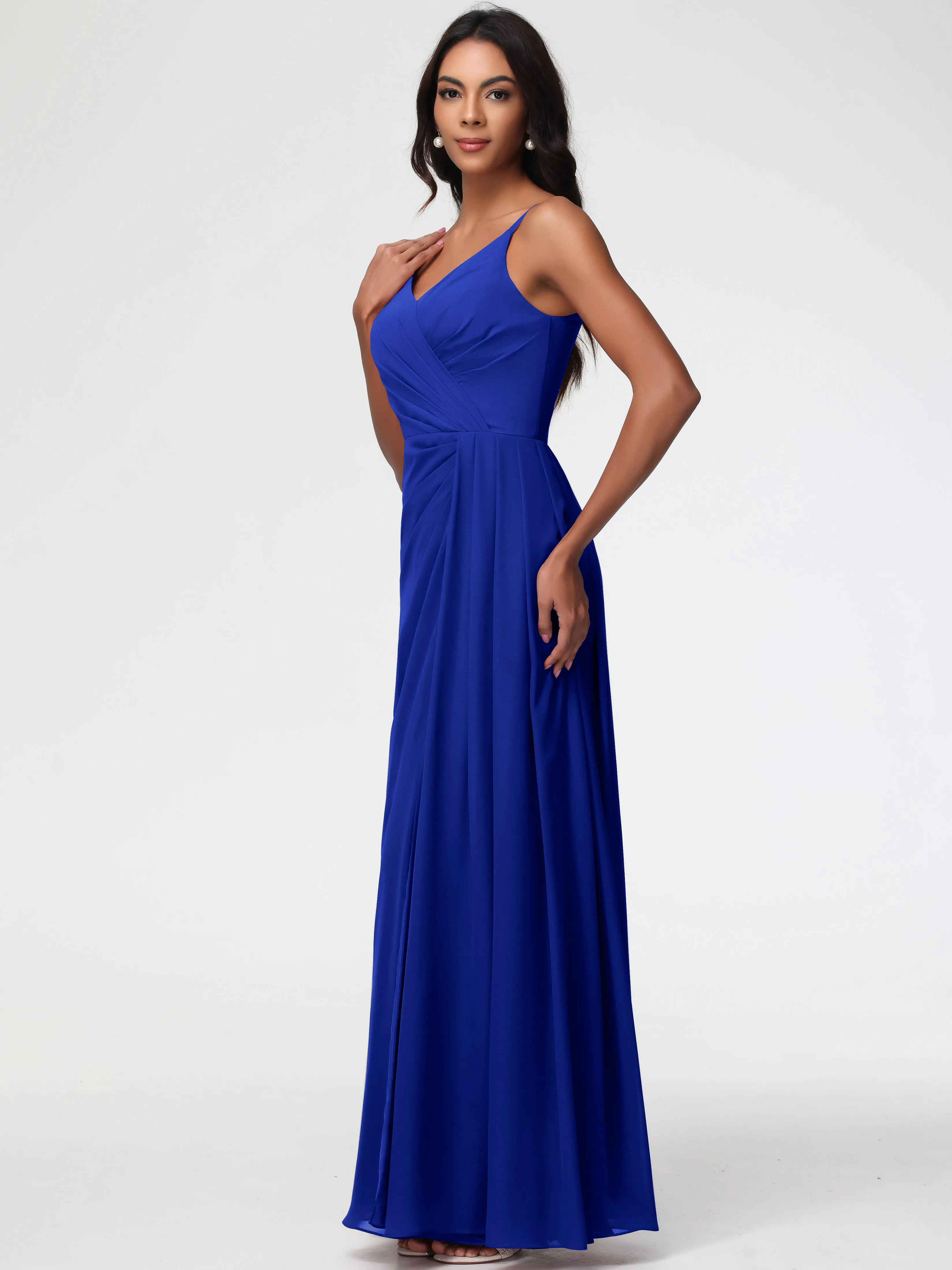 Wedding Royal Blue Bridesmaid Dresses A-Line V-Neck Spaghetti Straps Ruched Chiffon Bridesmaid Dresses With Slit