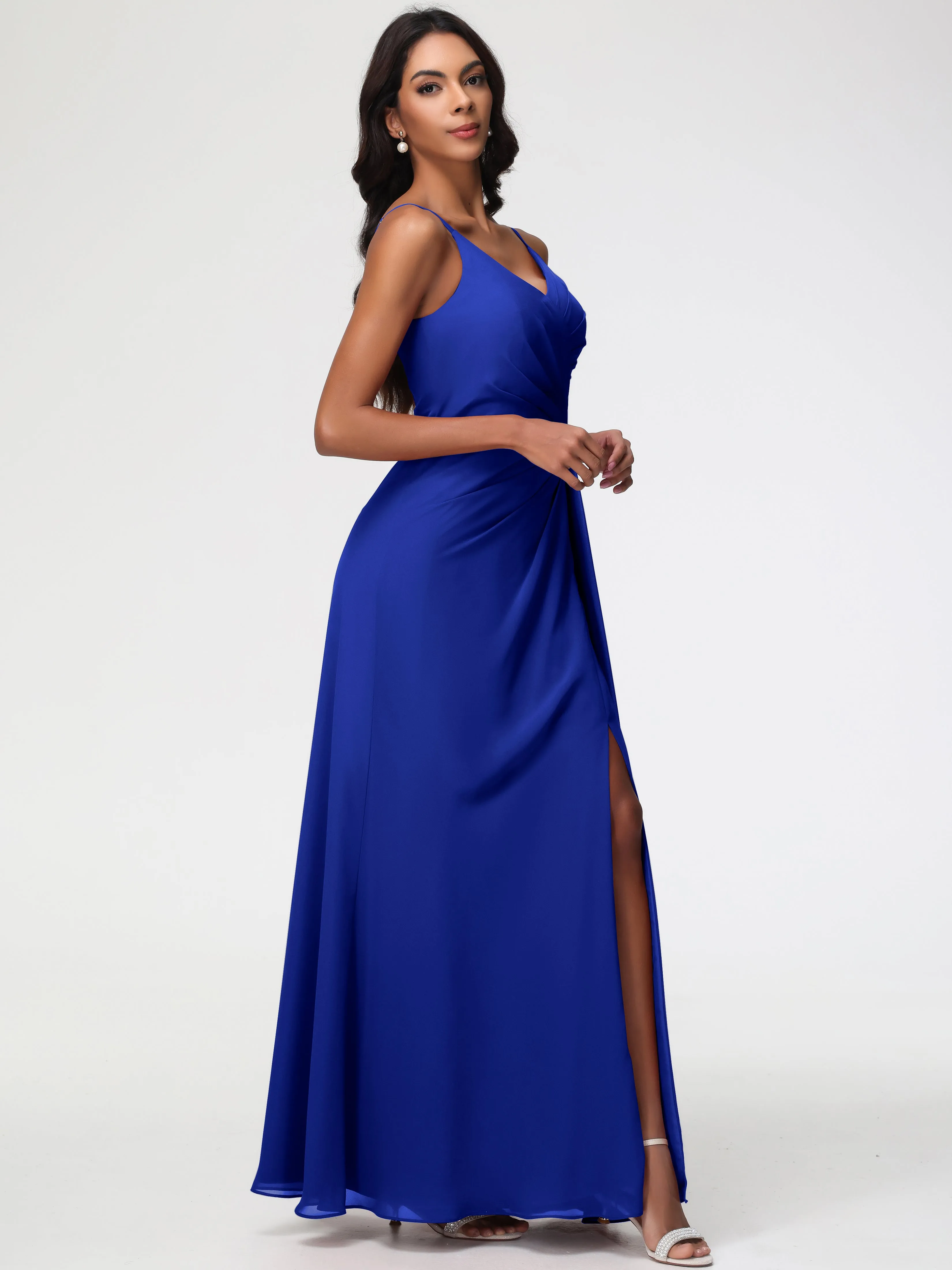 Wedding Royal Blue Bridesmaid Dresses A-Line V-Neck Spaghetti Straps Ruched Chiffon Bridesmaid Dresses With Slit