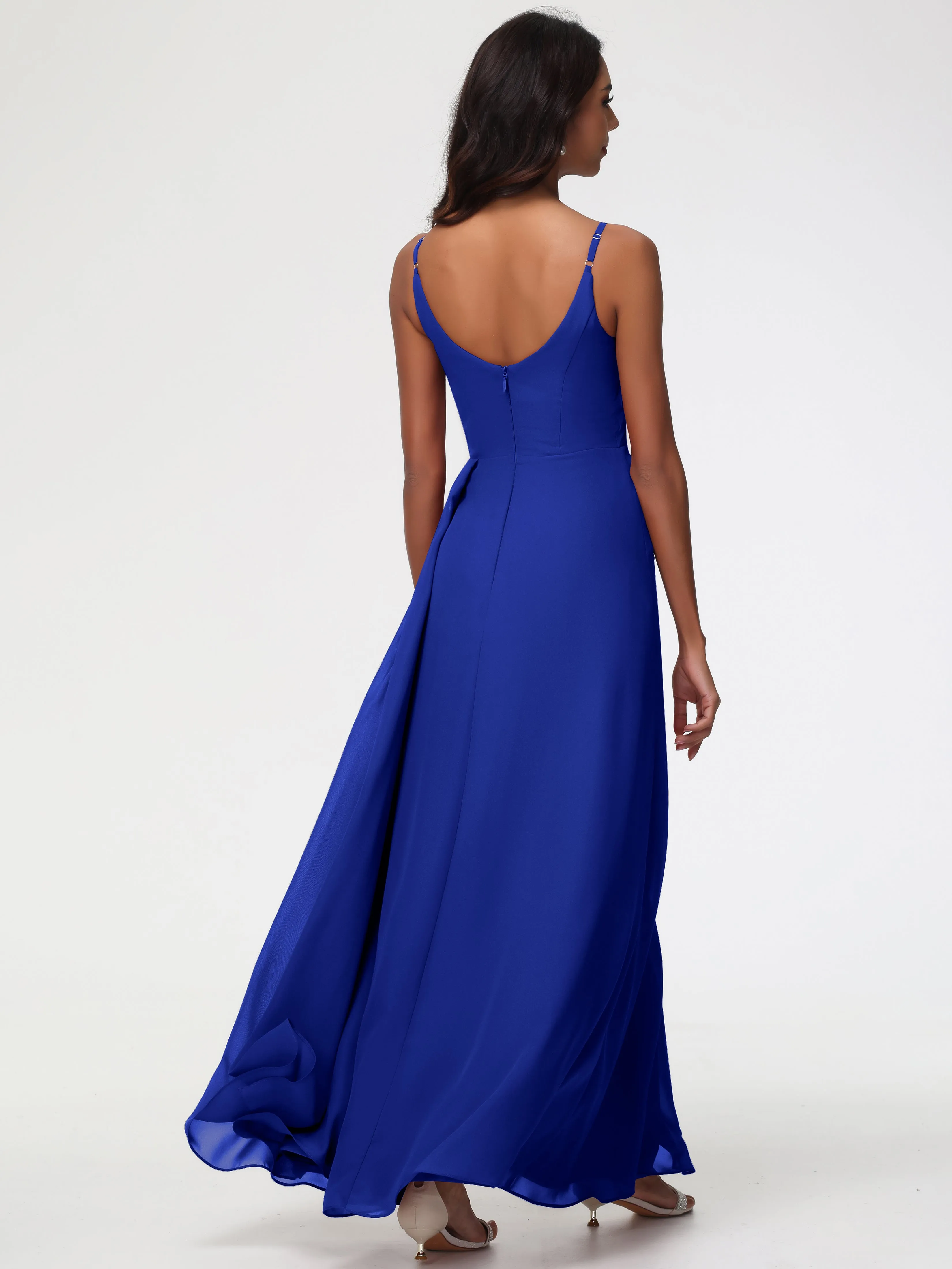 Wedding Royal Blue Bridesmaid Dresses A-Line V-Neck Spaghetti Straps Ruched Chiffon Bridesmaid Dresses With Slit