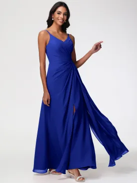 Wedding Royal Blue Bridesmaid Dresses A-Line V-Neck Spaghetti Straps Ruched Chiffon Bridesmaid Dresses With Slit