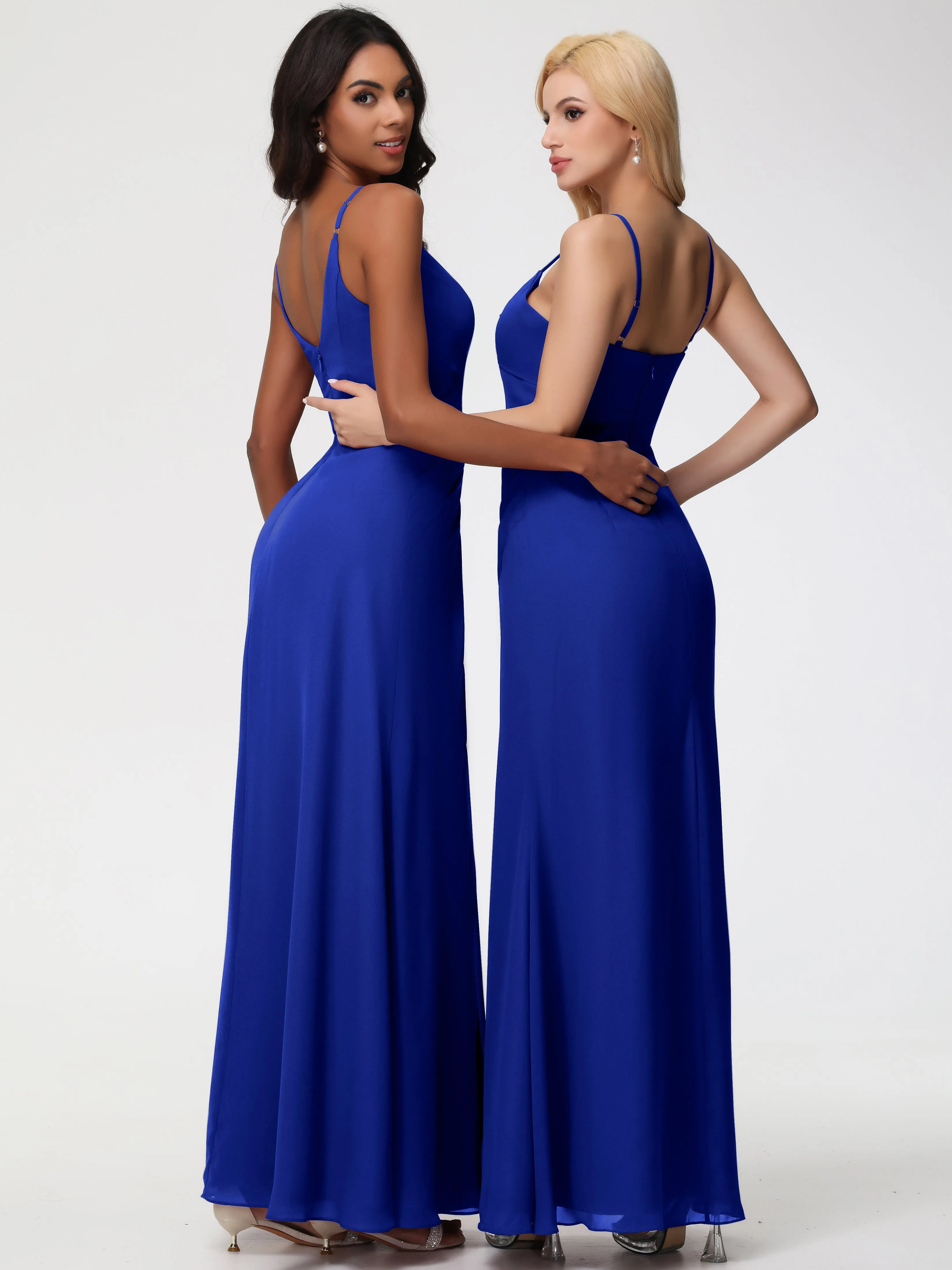 Wedding Royal Blue Bridesmaid Dresses A-Line V-Neck Spaghetti Straps Ruched Chiffon Bridesmaid Dresses With Slit